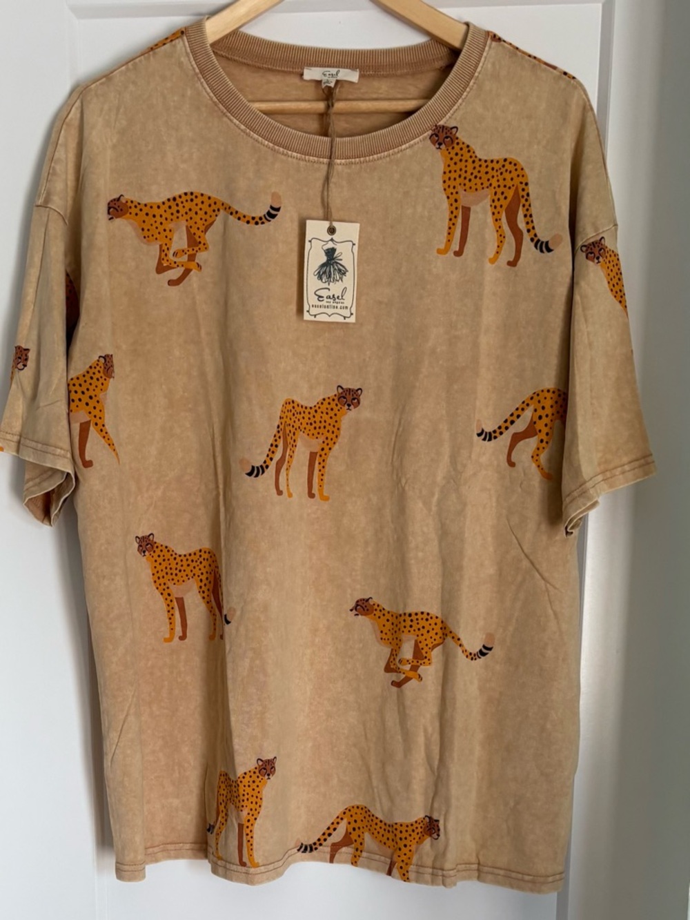 Easel women's Tan Tee with Orange Cheetah Print
